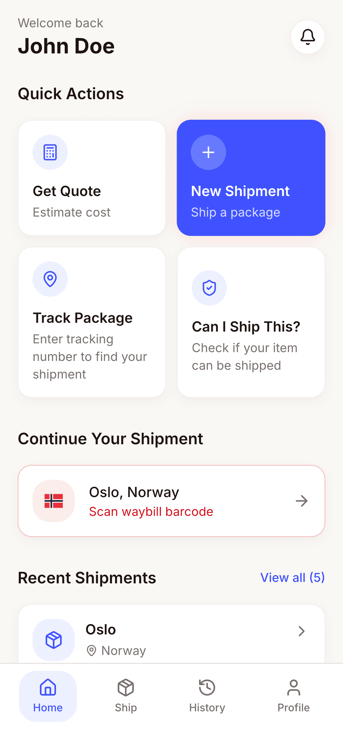 ShipMate mobile app dashboard screen