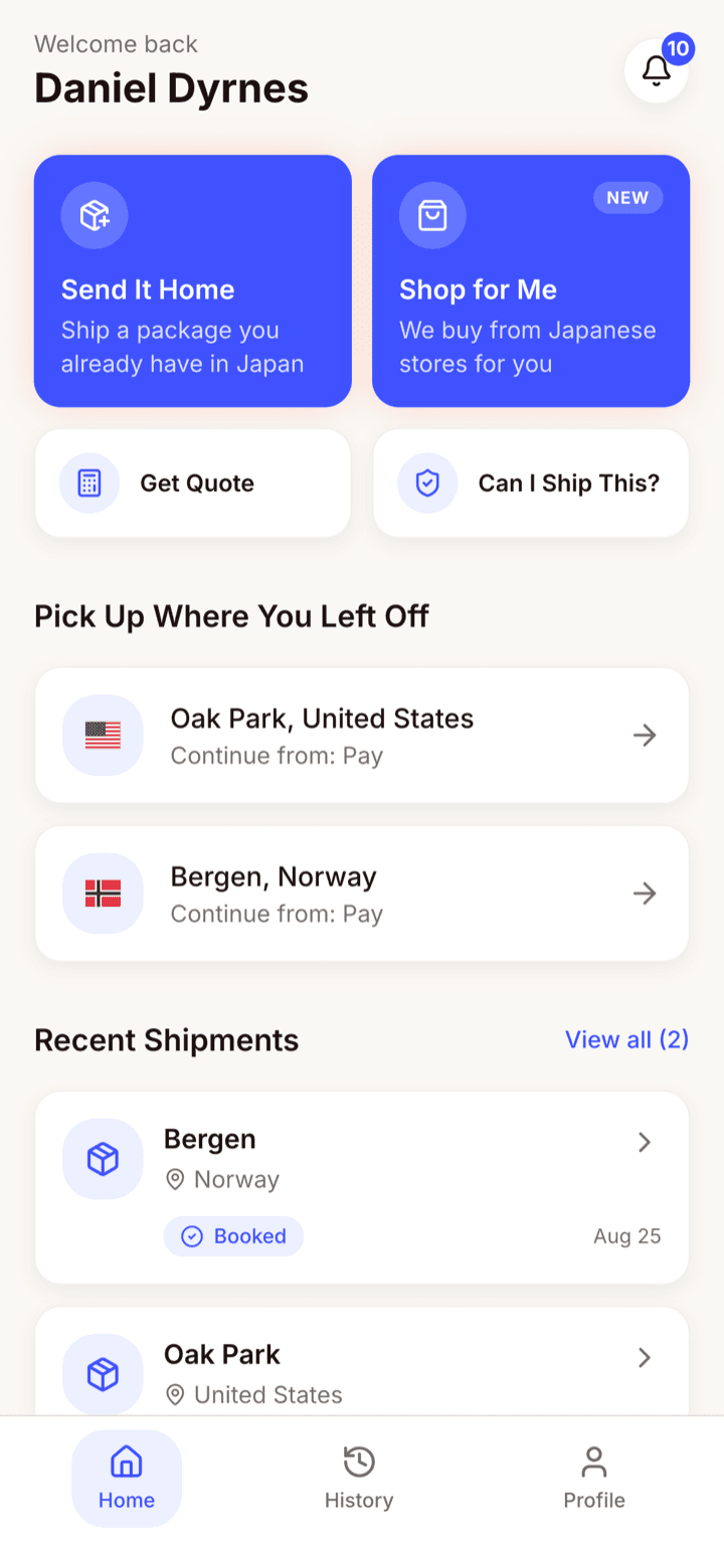 The ShipMate GO app home screen, showing Send It Home and Shop for Me side by side