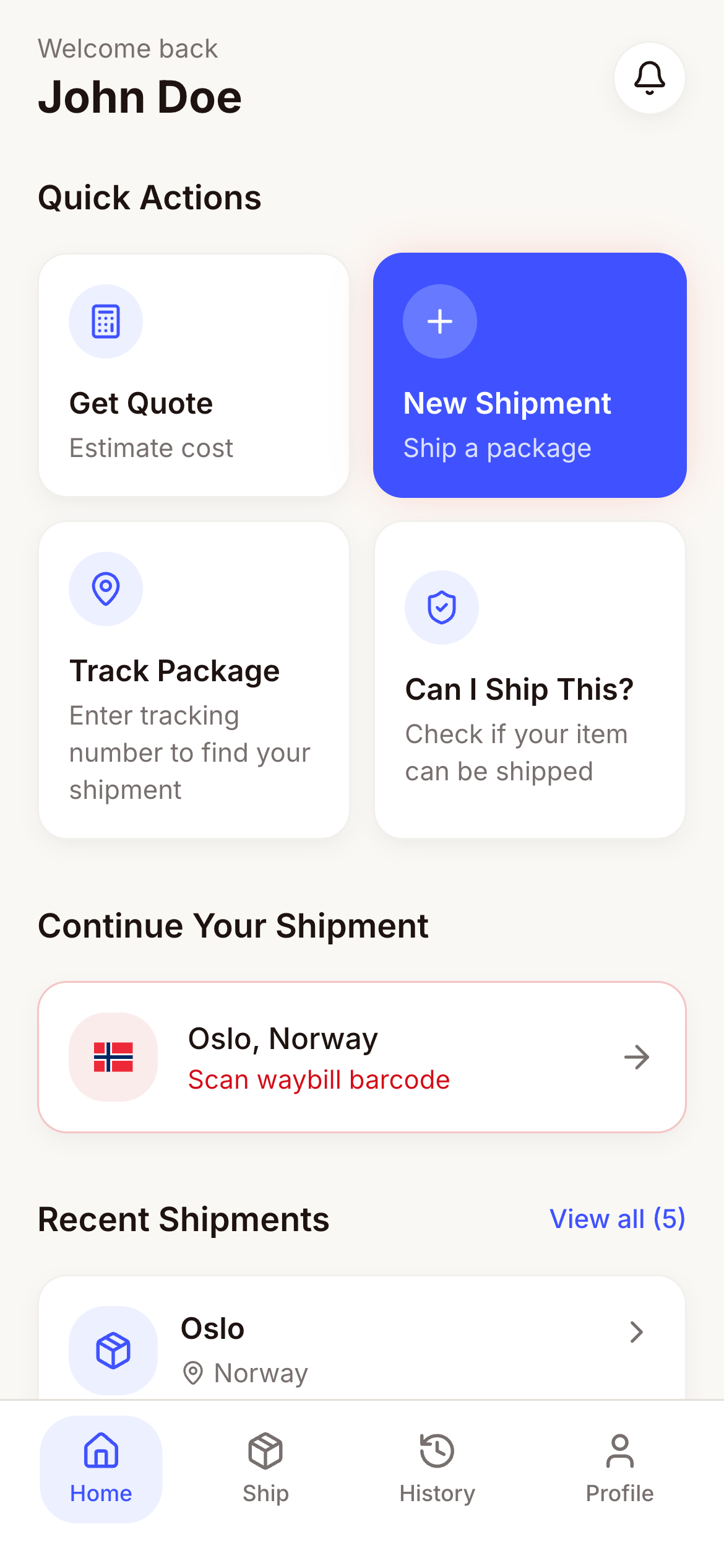 ShipMate mobile app dashboard screen