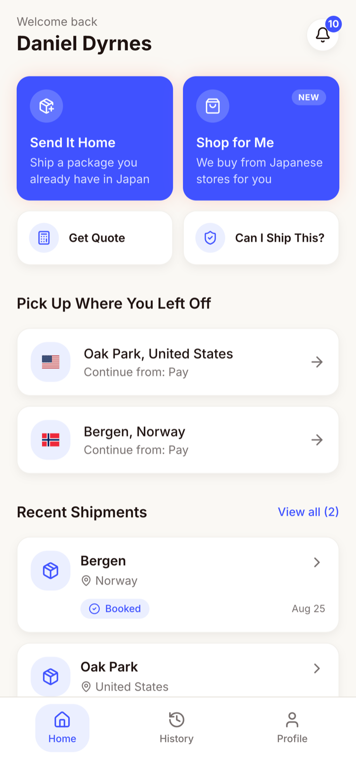 The ShipMate GO app home screen, showing Send It Home and Shop for Me side by side